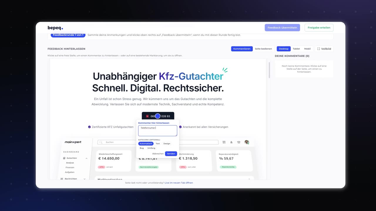 Vorschau: Website-Feedback und Freigabe in bepeq